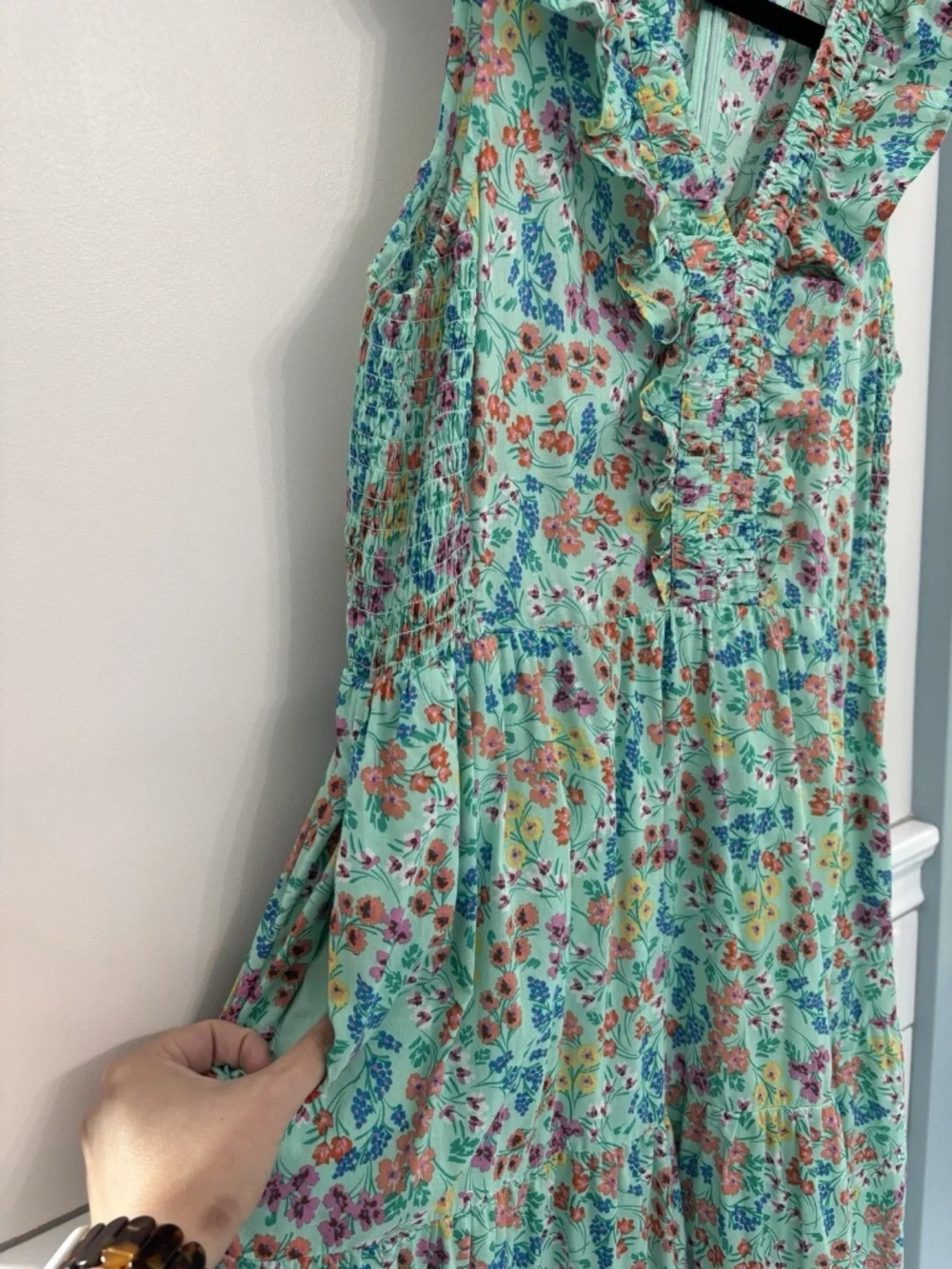 J. Crew V-Neck Smocked Tiered Midi Dress Green Floral Women’s 10 BQ045